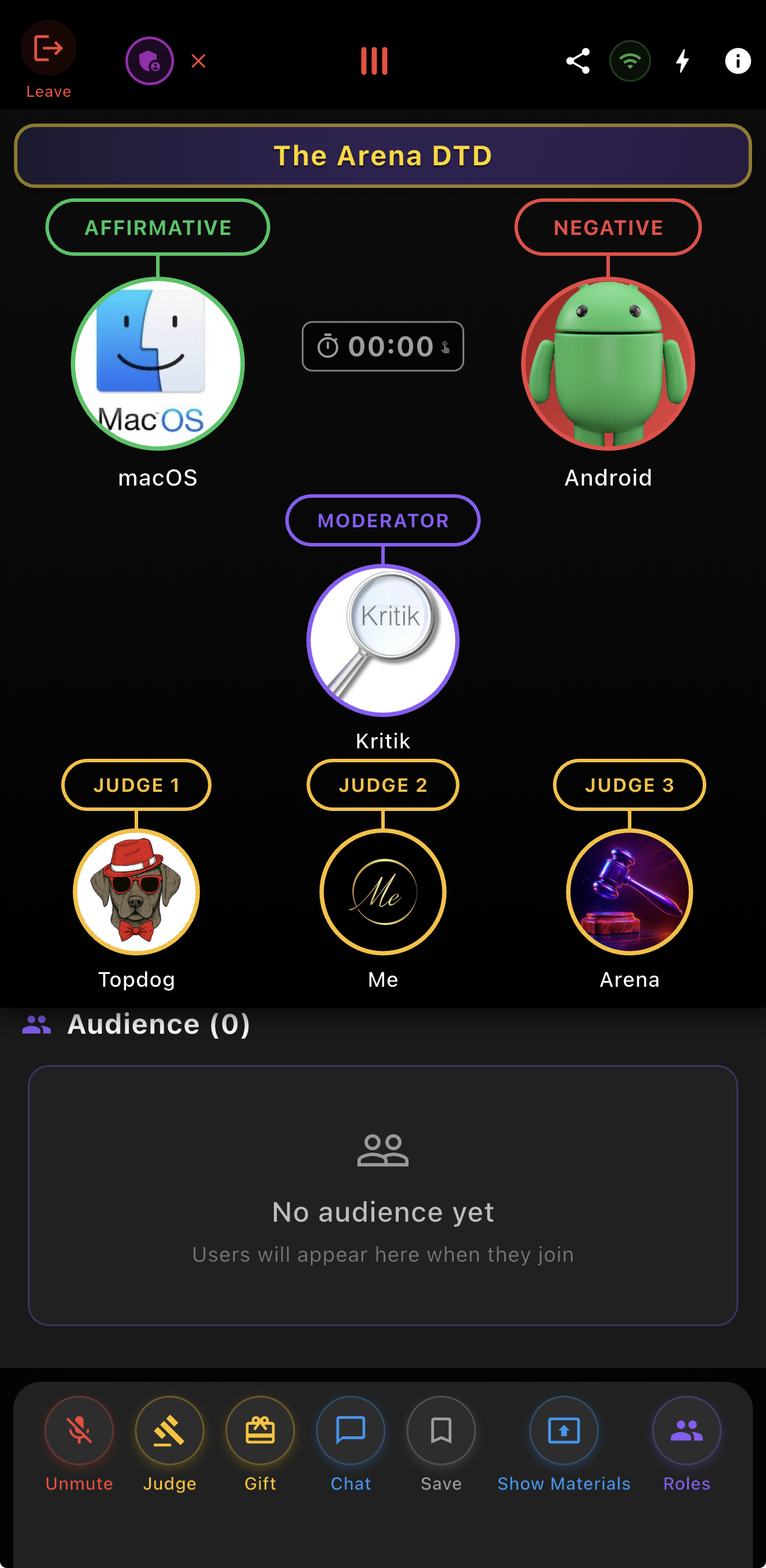 Arena Battle View showing debaters, moderator, judges and audience