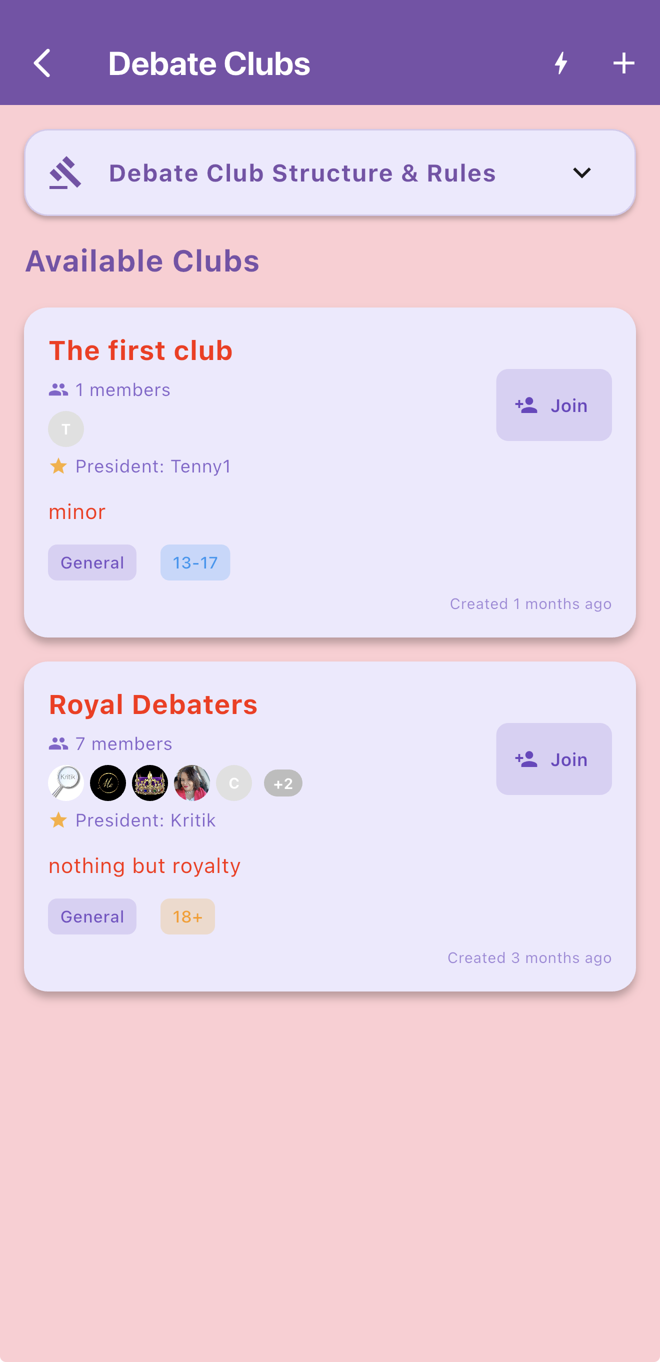 Debate clubs with members and join options