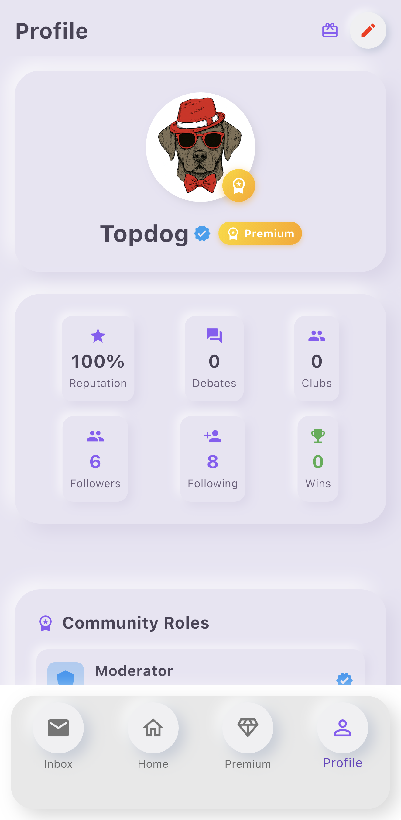 User profile with reputation, stats and community roles